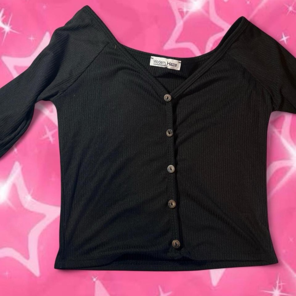 Black Ribbed Button-Front Long Sleeve Top - Picture 3 of 5